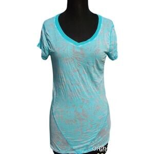 Cache Blue Stretch Bamboo Flower Burn Out Tee Top Peek A Boo Soft V Neck NWT $78
